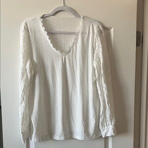 White Eyelet V-Neck Long Sleeve Blouse by
